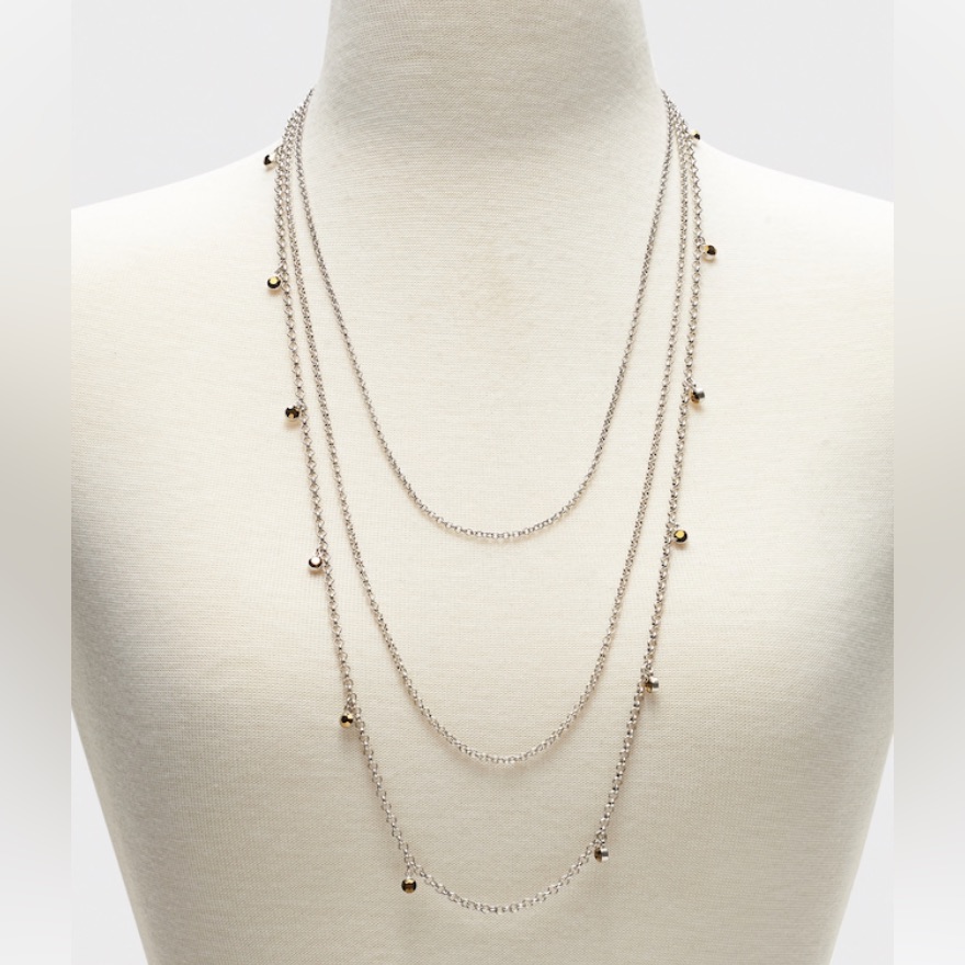 Multi-Layer Silver Tone Necklace With Antique Gold Tone Crystals